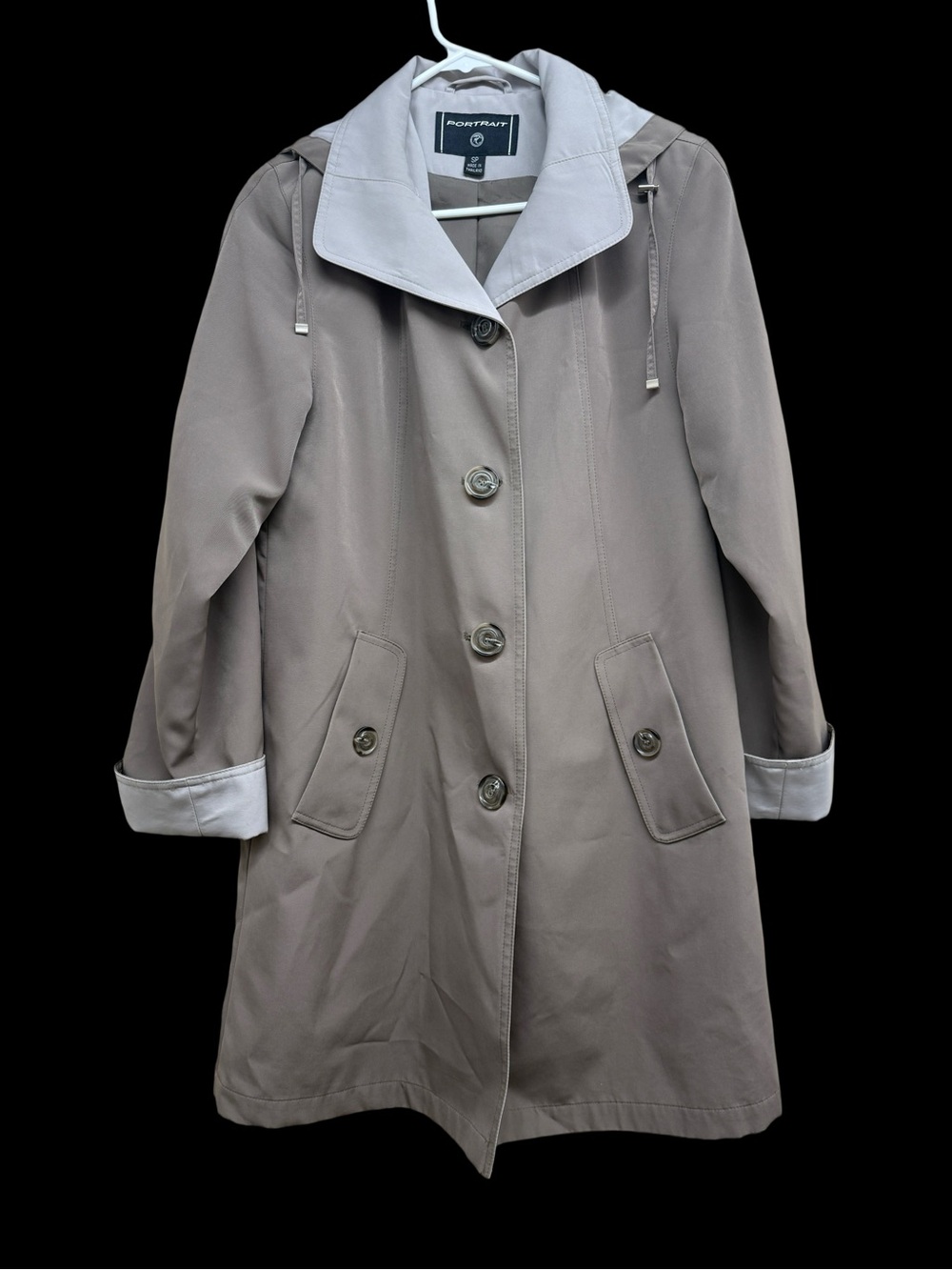 Portrait  Taupe Trench Coat with Contrast Collar. Detachable hood.